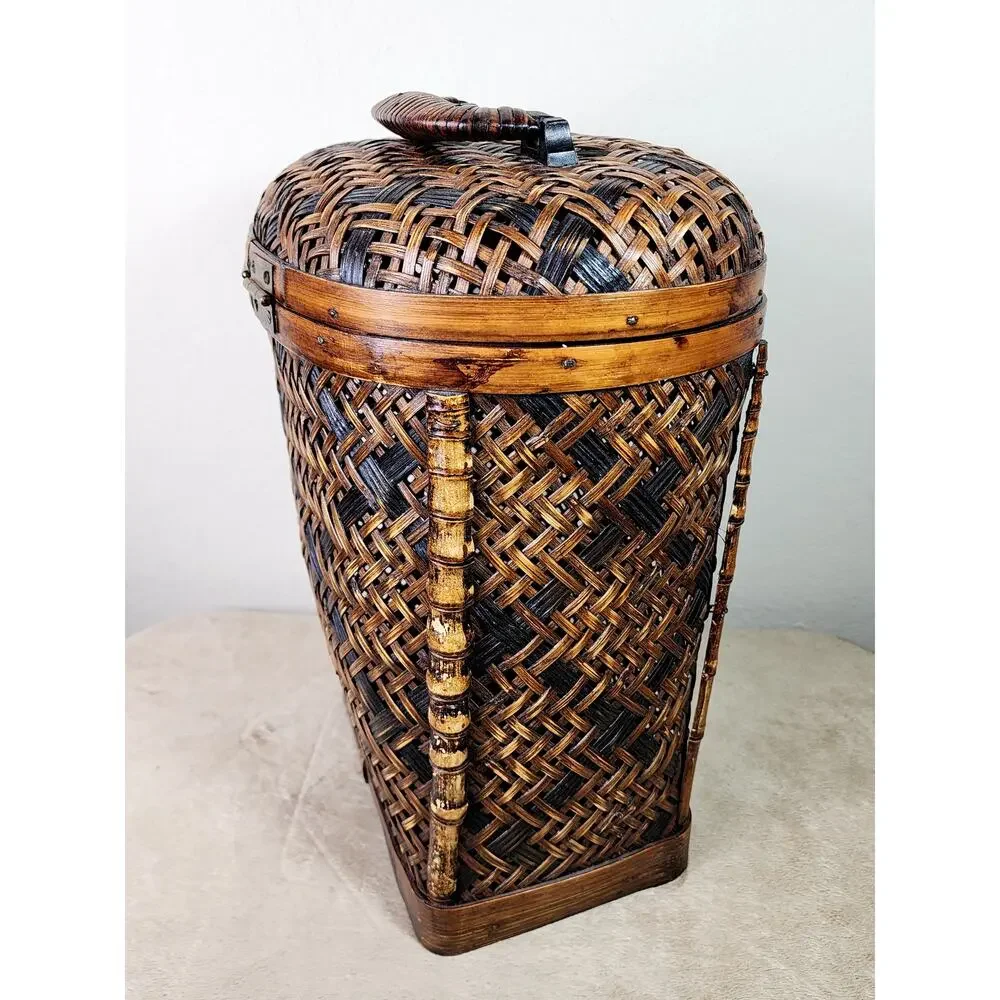 Woven Rattan Lidded Large Basket w/ Lid Brass Accent Asian Inspired 80s Vintage